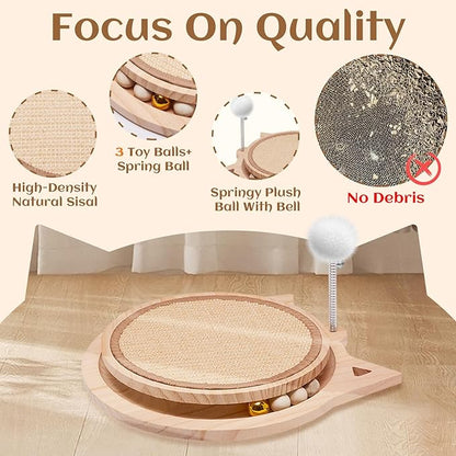 Natural Sisal Cat Scratcher, Round Cat Toys for Indoor Cats Interactive Toys with Ball Track Spring Ball, Kitten Toys for Chasing Hunting Mental Physical Exercise Puzzle