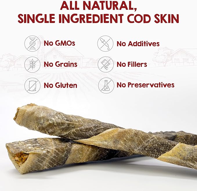 Riley's Cod Skins for Dogs - Air Dried Single Ingredient Dog Treats - Long, Hand Wrapped Cod Skin Dog Treats - Sustainably Caught in Iceland - 2 Pack 10 inch Chew Sticks