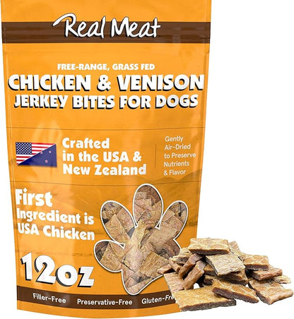 Real Meat Dog Treats - 12oz Bag of Bite-Sized Air-Dried Venison & Chicken Jerky for Dogs - Grain-Free Jerky Dog Treats Made up of 95% Human-Grade, Free-Range Venison & Chicken - All-Natural Dog Treats