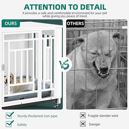 YITAHOME Dog Crate Furniture, 31.9" Heavy Duty Dog Cage, Wooden Side End Table with Wheels, Chew-Resistant Metal Dog Kennel with Removable Tray, Dog House Indoor for Small Medium Dogs, White