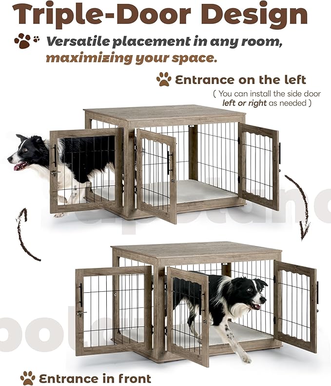 Dog Crate Furniture, 38 inch Large Dog Crates with Bed Mat, Wooden Dog Kennel Furniture, End Side Table Dog Cage with 3 Doors, Greige