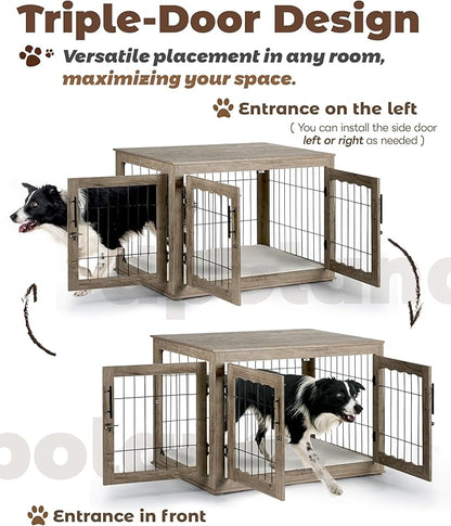 Dog Crate Furniture, 38 inch Large Dog Crates with Bed Mat, Wooden Dog Kennel Furniture, End Side Table Dog Cage with 3 Doors, Greige