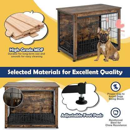 Tangkula Dog Crate Furniture with Removable Tray/Felt Mat, Wood Dog Cage End Table for Small & Medium Dogs, Industrial Double Doors Chew-Proof Dog House Dog Kennel Indoor