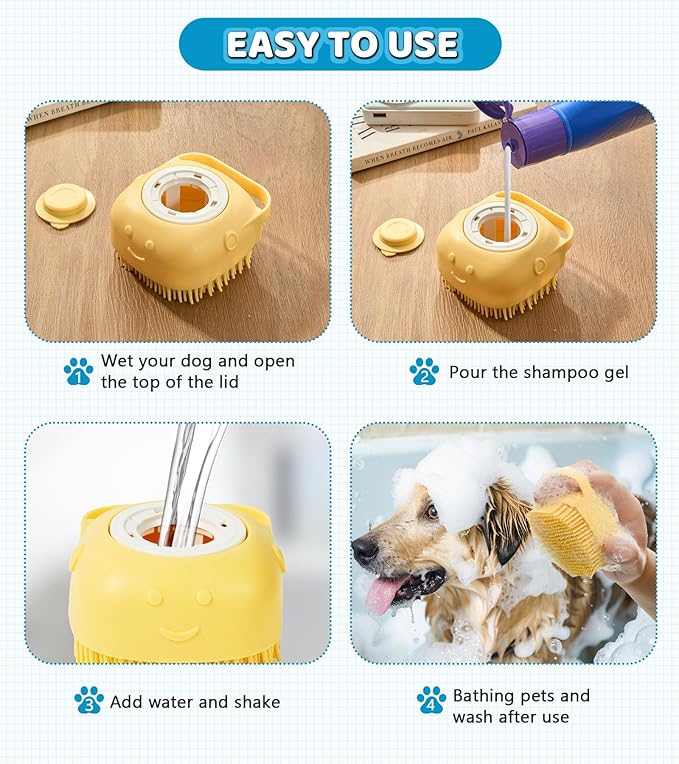 4PCS Dog Bath Brush  Soft Silicone Pet Grooming & Shampoo Scrubber for Dogs and Cats, Massage Brush for Bathing & Cleaning (Yellow & Blue)