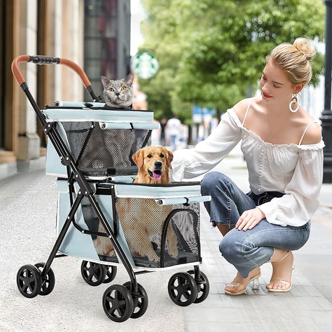 Double Pet Stroller for Dogs and Cats, One-Hand Folding Dog Stroller Travel Carriage for Small Medium Dogs Cats, 4 Wheels, Blue