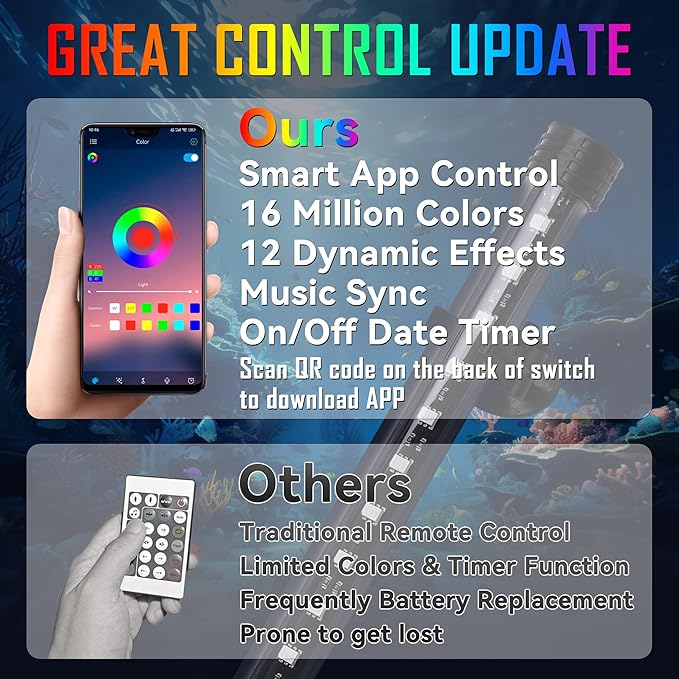 Smart App-Controlled RGB LED Aquarium Light with 16 Million Colors & 12 Dynamic Effects, Underwater Fish Tank Light with Timer, Submersible LED Lights with Adjustable Brightness and Speed - 23''