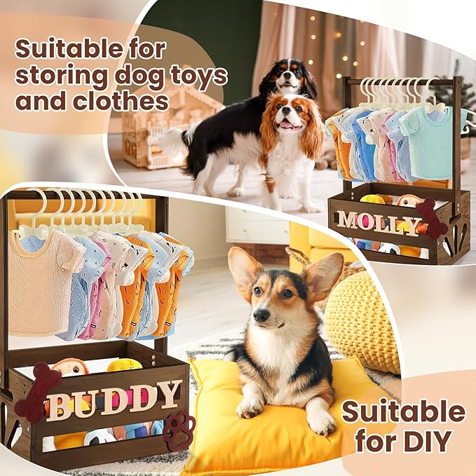 20" x 13" x 9" Wooden Pet Wardrobe Closet Crate Box with Hanging Rods and Personalized Pet Alphabet Letters Easy Assembly Baskets for Dog Cat Toys Clothes Accessories(Dark Walnut)