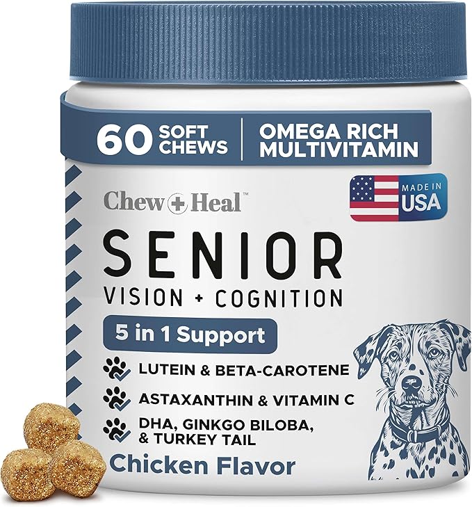 Senior Dog Vision and Cognition Chews - 60 Soft Chews for Dog Eye Care and Memory - 7-in-1 Multivitamin with Omega Fatty Acids, Vitamins, and Botanicals - Made in The USA