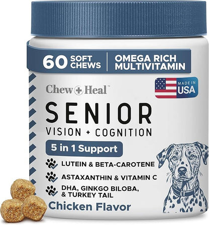 Senior Dog Vision and Cognition Chews - 60 Soft Chews for Dog Eye Care and Memory - 7-in-1 Multivitamin with Omega Fatty Acids, Vitamins, and Botanicals - Made in The USA