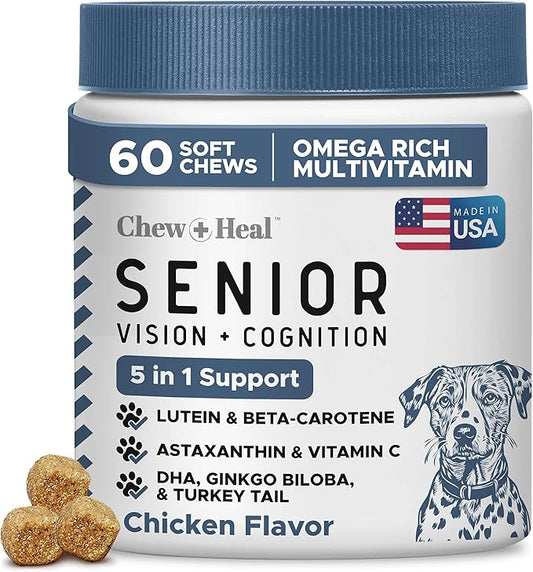 Senior Dog Vision and Cognition Chews - 60 Soft Chews for Dog Eye Care and Memory - 7-in-1 Multivitamin with Omega Fatty Acids, Vitamins, and Botanicals - Made in The USA