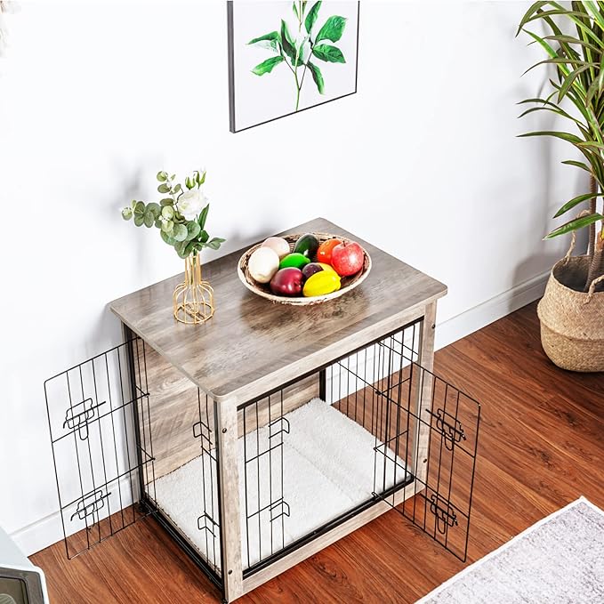 DWANTON Dog Crate Furniture with Cushion, Wooden Dog Crate with Double Doors, Dog Furniture, Dog Kennel Indoor for Small/Medium/Large Dogï¼_nd Table, Small, 27.2" L, Greige