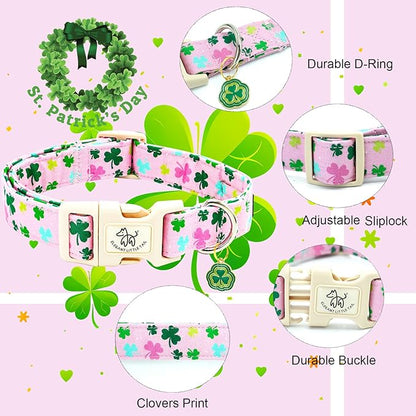 Elegant little tail St Patrick's Day Dog Collar-Lucky Colver Cotton Shamrock Pet Collar Trefoil Holiday Adjustable Cotton Pet Collar with Quick Release Buckle for Small Medium Large Dogs