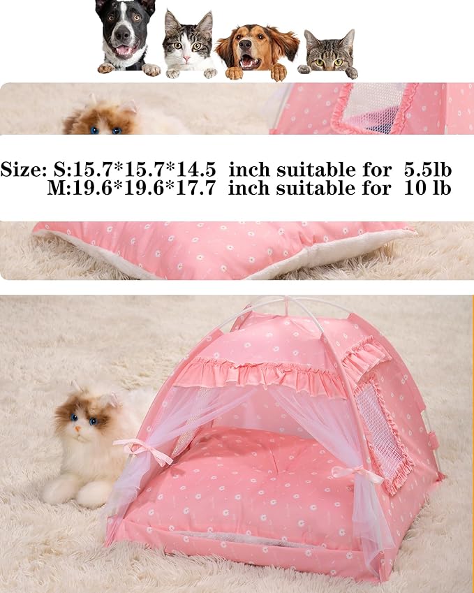 Cat Princess Bed Tent House - Kitty Cute Tent Indoor,Small Dog House Indoor/Outdoor Cave Nest Bed Small Dog Tent for Cat,Puppy Tent (19.6"x19.6"x17.7"/Pink)