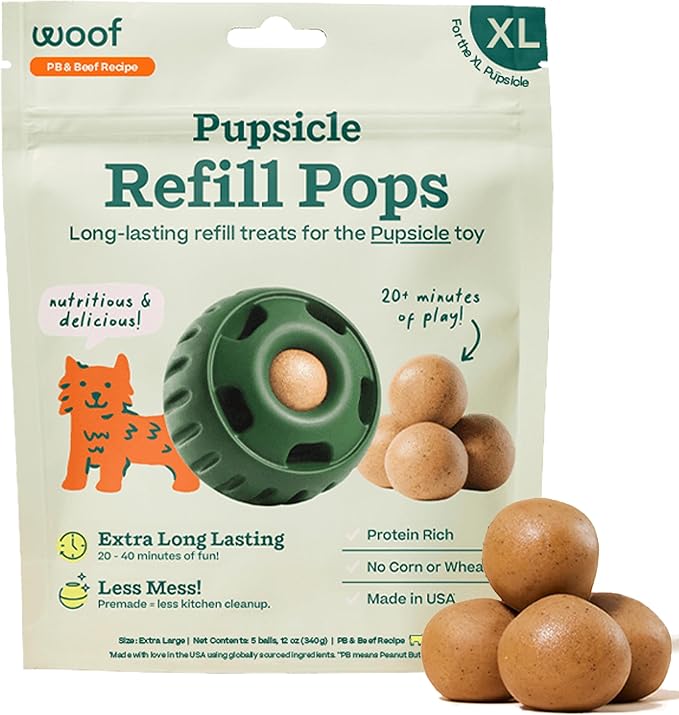 WOOF Pupsicle Refill Pops - Low-Mess Dog Snacks - with Peanut Butter and Beef - Dog Treats - Long Lasting - XL Pops - 5 Count