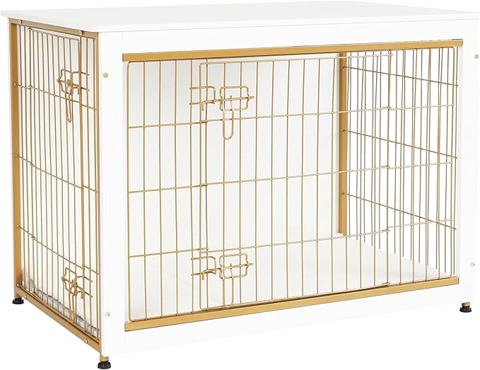 DWANTON Dog Crate Furniture with Cushion, Wooden Dog Crate Table, Double Doors Dog Furniture, Indoor Dog Kennel, Dog House, Dog Cage Large, 38.5" L, White