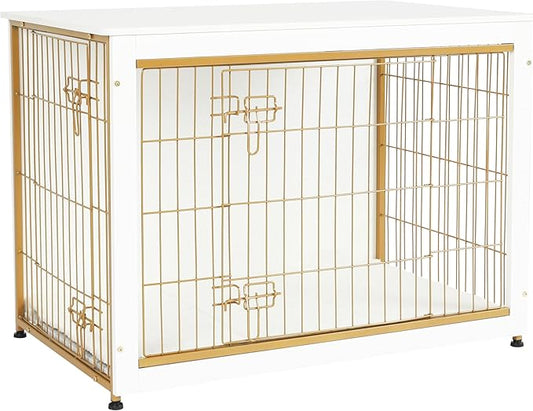 DWANTON Dog Crate Furniture with Cushion, Wooden Dog Crate Table, Double Doors Dog Furniture, Indoor Dog Kennel, Dog House, Dog Cage Large, 38.5" L, White