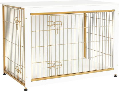 DWANTON Dog Crate Furniture with Cushion, Wooden Kennel Table with Double Doors, Indoor Dog House, Large Size, 38.5" L, White