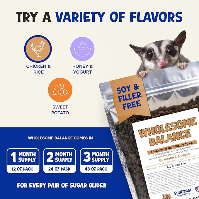 Wholesome Balance Sugar Glider Food - Chicken & Rice | 12 Ounces of Premium Dense Food for Sugar Gliders and Small Animals - 1 Months Supply