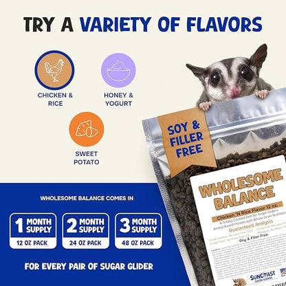 Wholesome Balance Sugar Glider Food - Chicken & Rice | 12 Ounces of Premium Dense Food for Sugar Gliders and Small Animals - 1 Months Supply