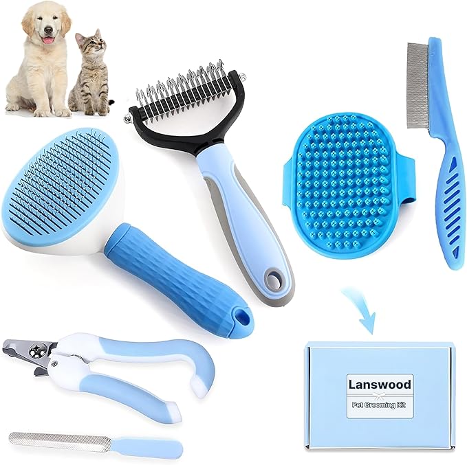 Dog Brush Dog Grooming Kit 6PCS Dog Brush for Shedding-Dog Brushes for Grooming, Dematting Comb for Dogs, Cat Nail Clipper with Nail File, Flea Comb, Bath Brush-Blue