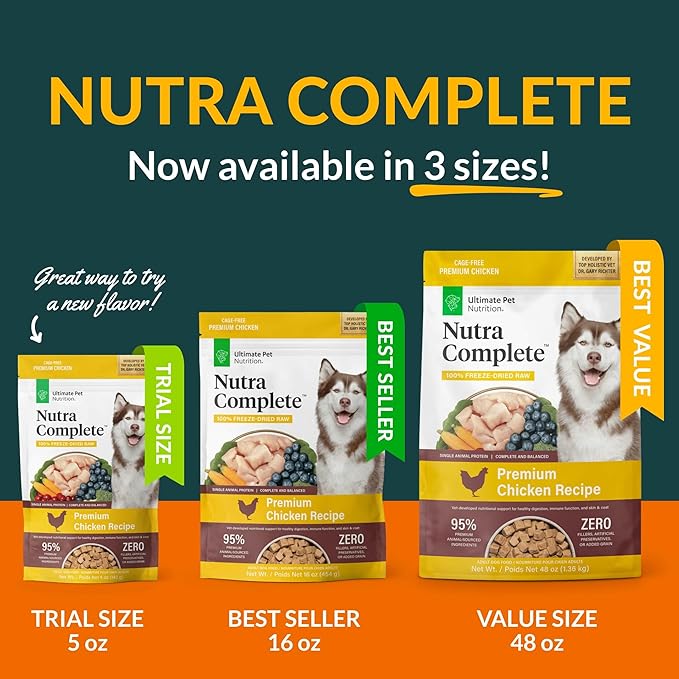 ULTIMATE PET NUTRITION Nutra Complete Raw Freeze Dried Dog Food, Veterinarian Formulated with Antioxidants, Prebiotics & Amino Acids (1 Pound, Chicken)