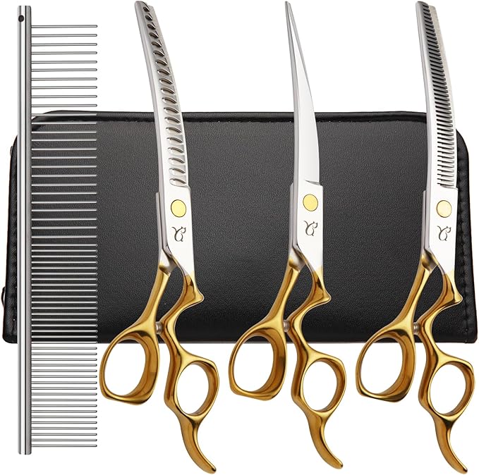 Dog Grooming Scissors,Curved Chunkers Shears Dog Grooming with Safety Round Tips, Sharp and Comfortable 4 in 1 Dog Scissors for Grooming
