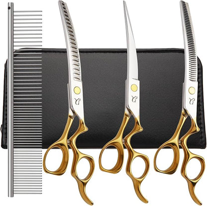 Dog Grooming Scissors,Curved Chunkers Shears Dog Grooming with Safety Round Tips, Sharp and Comfortable 4 in 1 Dog Scissors for Grooming