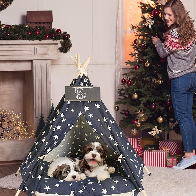 Pet Teepee Tents, 24 Inch Portable Indoor Dog Teepee Bed with Thick Cushion, Washable Navy Blue Stars Pattern Teepee Tent House for Puppy & Cat