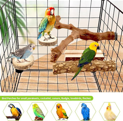 Natural Wood Bird Perches for Cage, Parrot Perch Stand & Platform, Bird Cage Accessories for Parakeets, Cockatiels, Conures, Lovebirds (Brown, Natural Grapewood Variety Set - 8PCS)