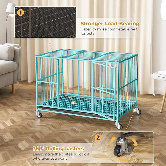 Blue 48 in Heavy Duty Dog Crate Steel Escape Proof, Indoor Double Door High Anxiety Cage, Removable Tray, Kennel with Wheels,XL XXL