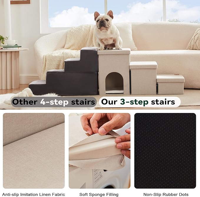 Love's cabin Dog Stairs for Small Medium or Large Dogs with Storage and Condo,Foldable Dog Steps for Bed or Couch,3-Step Gray Folding Cat Dog Ramp with Zip up to 210 lbs,Beige