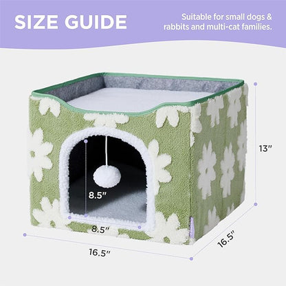 Lesure Indoor Cat Beds Kitten House - Large Cat Cave for Pet Cube with Fluffy Ball Hanging, Foldable Small Animal Hideaway, 16.5x16.5x13 inches, Flower Garden Green