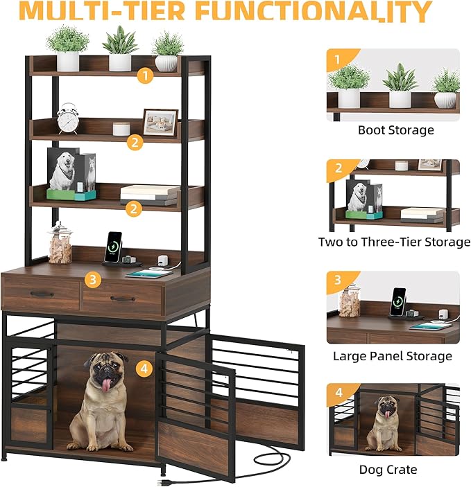 DWVO Dog Crate Furniture with Storage Shelves, Heavy Duty Dog Crate with Drawers & Charging Station, 32 Inch Dog Kennel Indoor Furniture for Medium Dogs, Modern Dog Crate with Double Doors, Brown
