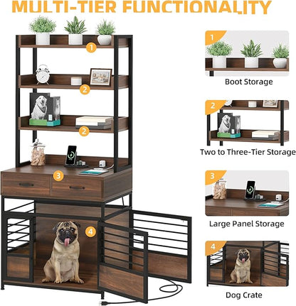 DWVO Dog Crate Furniture with Storage Shelves, Heavy Duty Dog Crate with Drawers & Charging Station, 32 Inch Dog Kennel Indoor Furniture for Medium Dogs, Modern Dog Crate with Double Doors, Brown