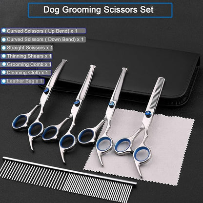 7PCS Dog Grooming Scissors Kit Professional Curved Dog Scissors for Grooming Safety Round Tip 4CR Coated Stainless Steel Heavy Duty Thinning Pet Shears Set for Dogs Cats