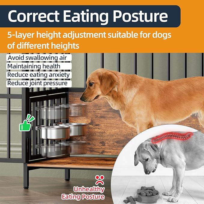 Large Dog Crate Furniture, with 360° Adjustable Elevated Feeder, Heavy Dog Furniture, Indoor Decorative Dog Kennel, Sturdy Metal Construction, 38" W_21" D_36" H, Rustic Brown Finish