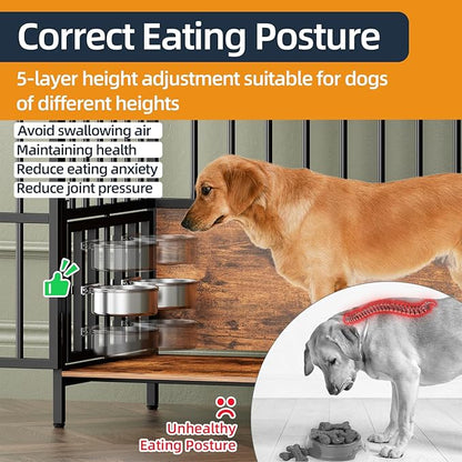 Large Dog Crate Furniture, with 360° Adjustable Elevated Feeder, Heavy Dog Furniture, Indoor Decorative Dog Kennel, Sturdy Metal Construction, 38" W_21" D_36" H, Rustic Brown Finish