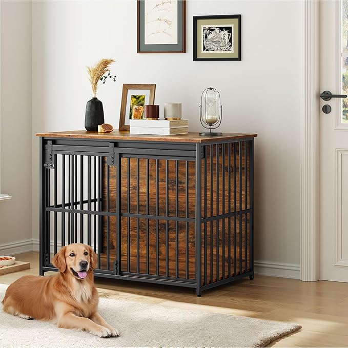 HOOBRO Dog Crate Furniture, 36.6'' Heavy Duty Dog Kennel with Sliding Barn Door, Decorative Dog Crate Indoor, End Side Table for Small/Medium Dog, Rustic Brown and Black BF162GW03G1