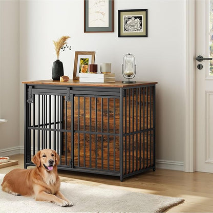 HOOBRO Dog Crate Furniture, 36.6'' Heavy Duty Dog Kennel with Sliding Barn Door, Decorative Dog Crate Indoor, End Side Table for Small/Medium Dog, Rustic Brown and Black BF162GW03G1