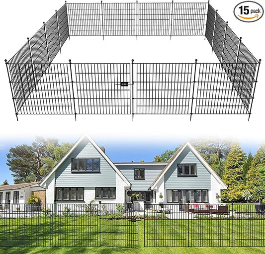 15 Panels No Dig Decorative Outdoor Garden Fence with Gate for Yard, 32 in(H) X 35.4 ft(L) Animal Barrier Fencing Rustproof Metal Wire Panel Border for Dog, Rabbits, and Patio Temporary Ground Stakes