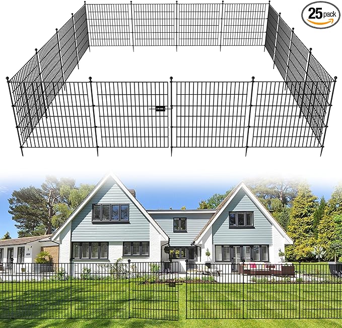 25 Panels No Dig Decorative Outdoor Garden Fence for Yard with Gate, 32 in(H) X 59 ft(L) Animal Barrier Fencing Rustproof Metal Wire Panel Border for Dog, Rabbits, and Patio Temporary Ground Stakes