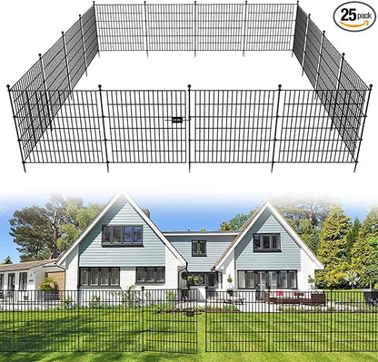 25 Panels No Dig Decorative Outdoor Garden Fence for Yard with Gate, 32 in(H) X 59 ft(L) Animal Barrier Fencing Rustproof Metal Wire Panel Border for Dog, Rabbits, and Patio Temporary Ground Stakes