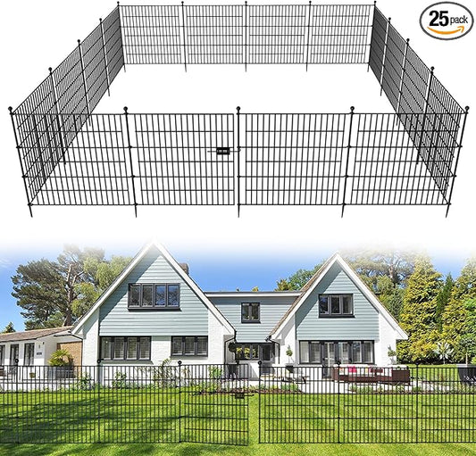 25 Panels No Dig Decorative Outdoor Garden Fence for Yard with Gate, 32 in(H) X 59 ft(L) Animal Barrier Fencing Rustproof Metal Wire Panel Border for Dog, Rabbits, and Patio Temporary Ground Stakes