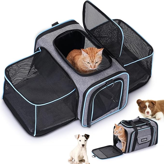2 Sides Travel Expandable Pet Carrier Bag (Large), Airline Approved Soft-Sided Cat Carrier with Pad & Pocket & Removable Shoulder Strap - 18"x11"x11" Dog Airplane Carrier Under Seat