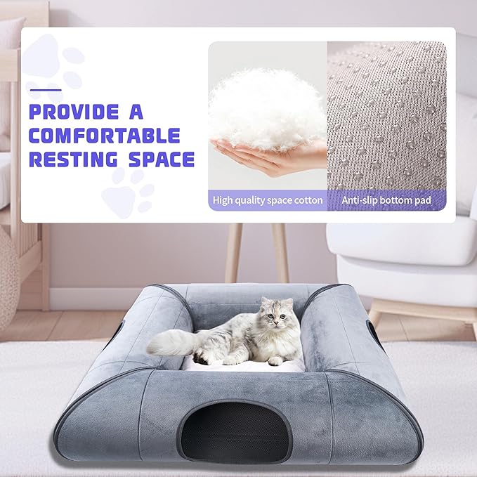 Indoor Cat Cave Bed, Sturdy and Scratch Resistant Removable Cat Tunnel Bed with Removable Soft Pad, Suitable for Small to Medium Cats (Gray)-1