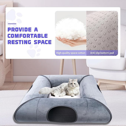 Indoor Cat Cave Bed, Sturdy and Scratch Resistant Removable Cat Tunnel Bed with Removable Soft Pad, Suitable for Small to Medium Cats (Gray)-1