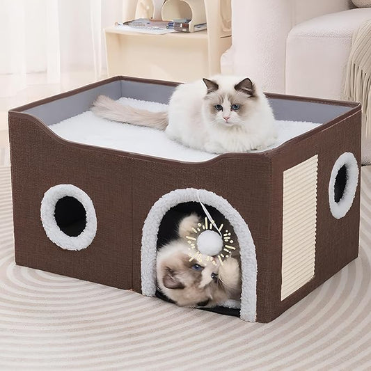 Cat Houses for Indoor Cats - Large Cat Bed Cave with Scratch Pad and Fluffy Ball, Foldable Cat Condo Hideaway with Reversible Cushion for Multi Small Petï¼_rown