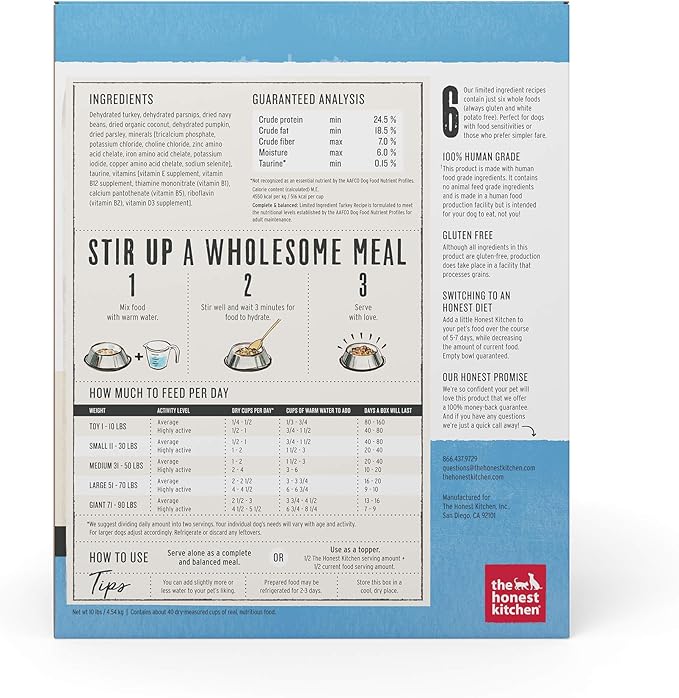 The Honest Kitchen Dehydrated Limited Ingredient Turkey Dog Food, 10 lb Box