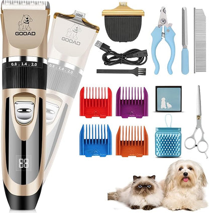 Dog Grooming Kit, Dog Clippers for Grooming for Heavy Thick Hair&Coats/Low Noise Rechargeable Cordless Hair Trimmer/Pet Shaver with Paw Trimmer for Small & Large Dogs Cats