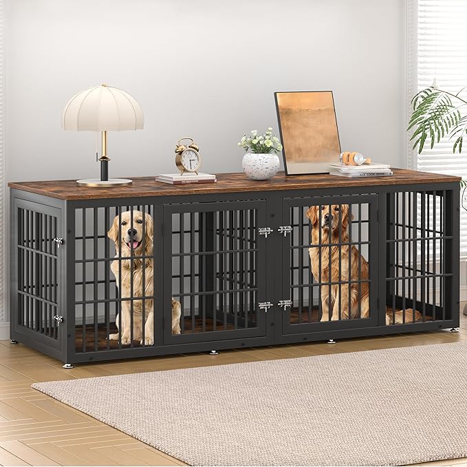 78 Inch Double Dog Crate Furniture, Heavy Duty Extra Large Cage Furniture with Divider for 2 Dogs, Decorative Wooden Kennel Furniture Indoor, Metal Pet House for Large and Medium Dogs